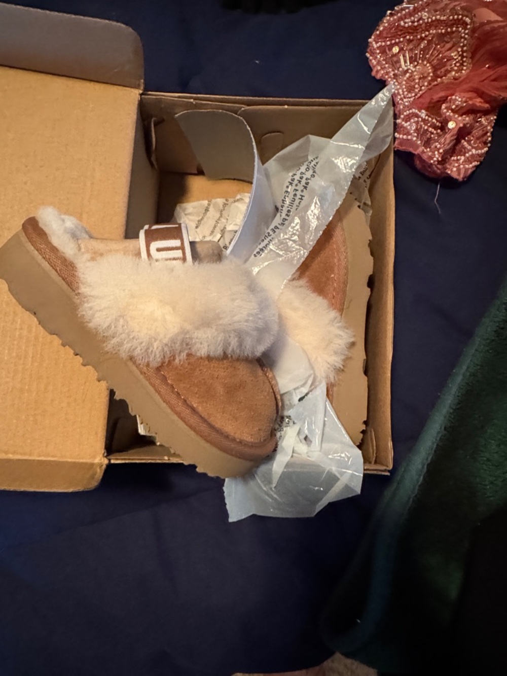 UGG Chestnut Suede Shearling Slide with Branded Strap